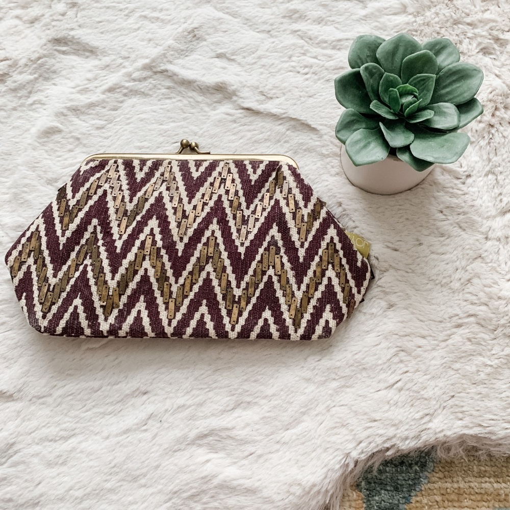 Joyn Burgundy and Gold Beaded Clutch Purse